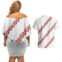 White Sunday Tonga Fakame Couples Matching Off Shoulder Short Dress and Hawaiian Shirt Tongan Ngatu Heilala Lei LT14 - Polynesian Pride