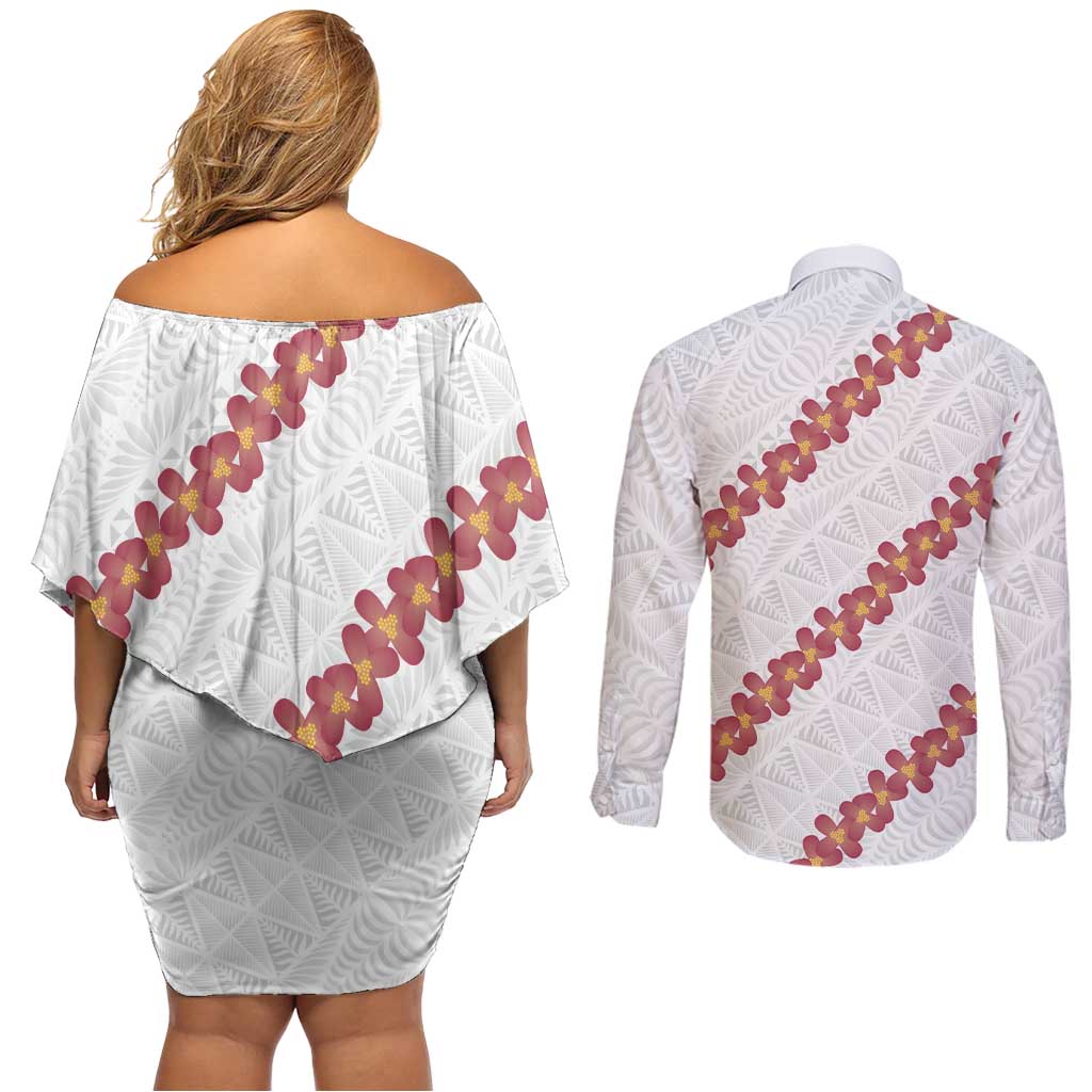 White Sunday Tonga Fakame Couples Matching Off Shoulder Short Dress and Long Sleeve Button Shirt Tongan Ngatu Heilala Lei LT14 - Polynesian Pride