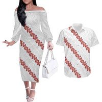 White Sunday Tonga Fakame Couples Matching Off The Shoulder Long Sleeve Dress and Hawaiian Shirt Tongan Ngatu Heilala Lei LT14 White - Polynesian Pride