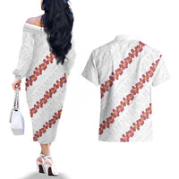 White Sunday Tonga Fakame Couples Matching Off The Shoulder Long Sleeve Dress and Hawaiian Shirt Tongan Ngatu Heilala Lei LT14 - Polynesian Pride