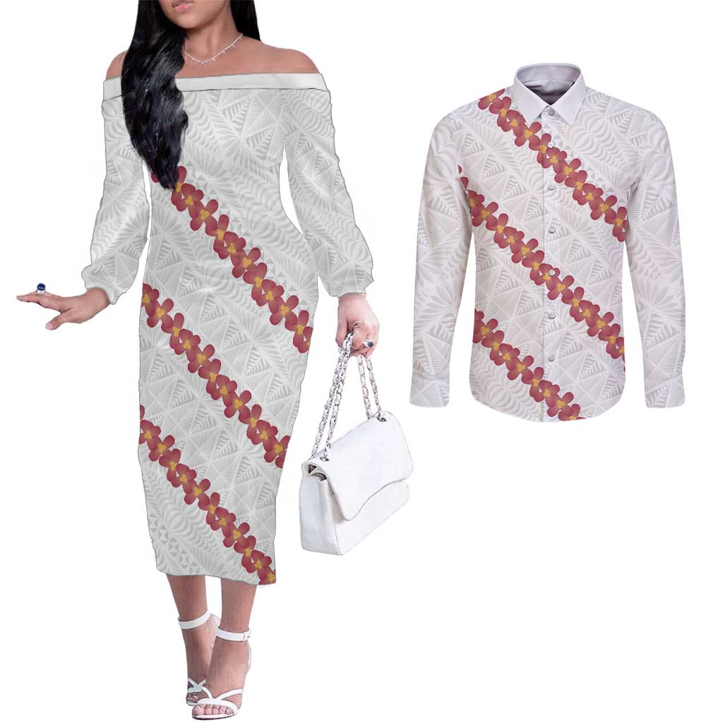 White Sunday Tonga Fakame Couples Matching Off The Shoulder Long Sleeve Dress and Long Sleeve Button Shirt Tongan Ngatu Heilala Lei LT14 White - Polynesian Pride