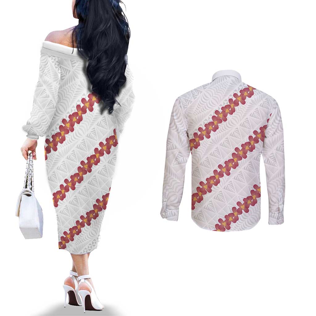 White Sunday Tonga Fakame Couples Matching Off The Shoulder Long Sleeve Dress and Long Sleeve Button Shirt Tongan Ngatu Heilala Lei LT14 - Polynesian Pride