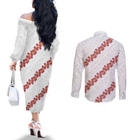 White Sunday Tonga Fakame Couples Matching Off The Shoulder Long Sleeve Dress and Long Sleeve Button Shirt Tongan Ngatu Heilala Lei LT14 - Polynesian Pride