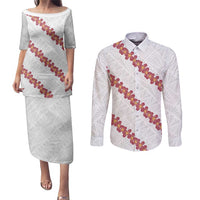 White Sunday Tonga Fakame Couples Matching Puletasi and Long Sleeve Button Shirt Tongan Ngatu Heilala Lei LT14 White - Polynesian Pride
