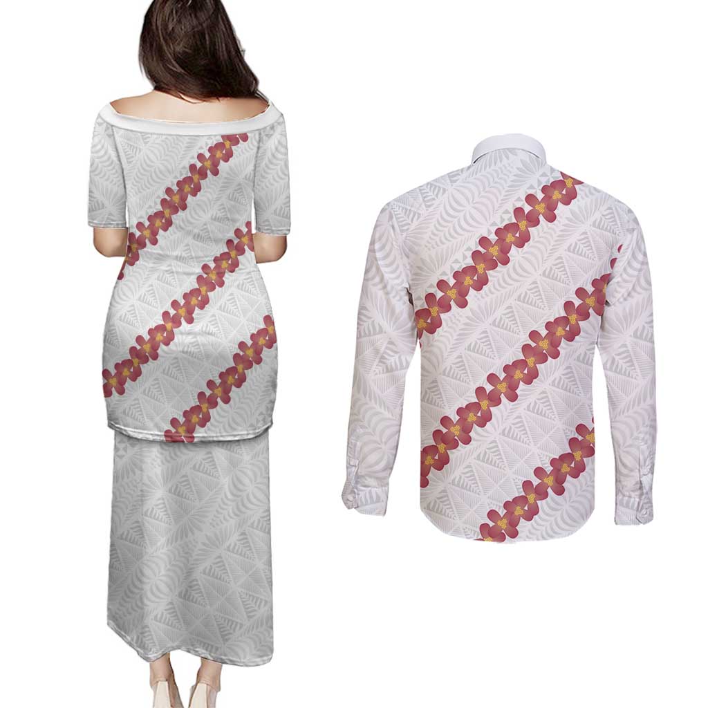 White Sunday Tonga Fakame Couples Matching Puletasi and Long Sleeve Button Shirt Tongan Ngatu Heilala Lei LT14 - Polynesian Pride