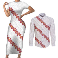 White Sunday Tonga Fakame Couples Matching Short Sleeve Bodycon Dress and Long Sleeve Button Shirt Tongan Ngatu Heilala Lei LT14 White - Polynesian Pride