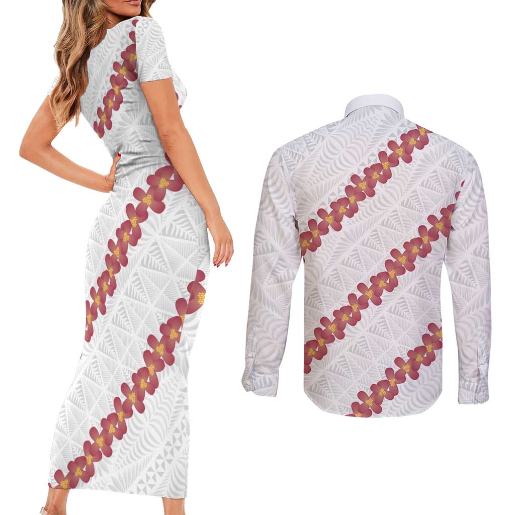 White Sunday Tonga Fakame Couples Matching Short Sleeve Bodycon Dress and Long Sleeve Button Shirt Tongan Ngatu Heilala Lei LT14 - Polynesian Pride
