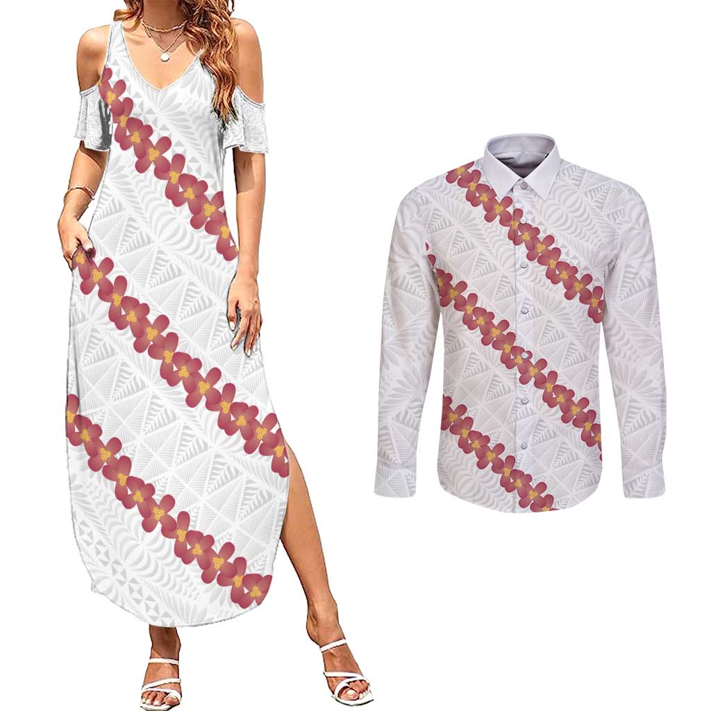 White Sunday Tonga Fakame Couples Matching Summer Maxi Dress and Long Sleeve Button Shirt Tongan Ngatu Heilala Lei LT14 White - Polynesian Pride