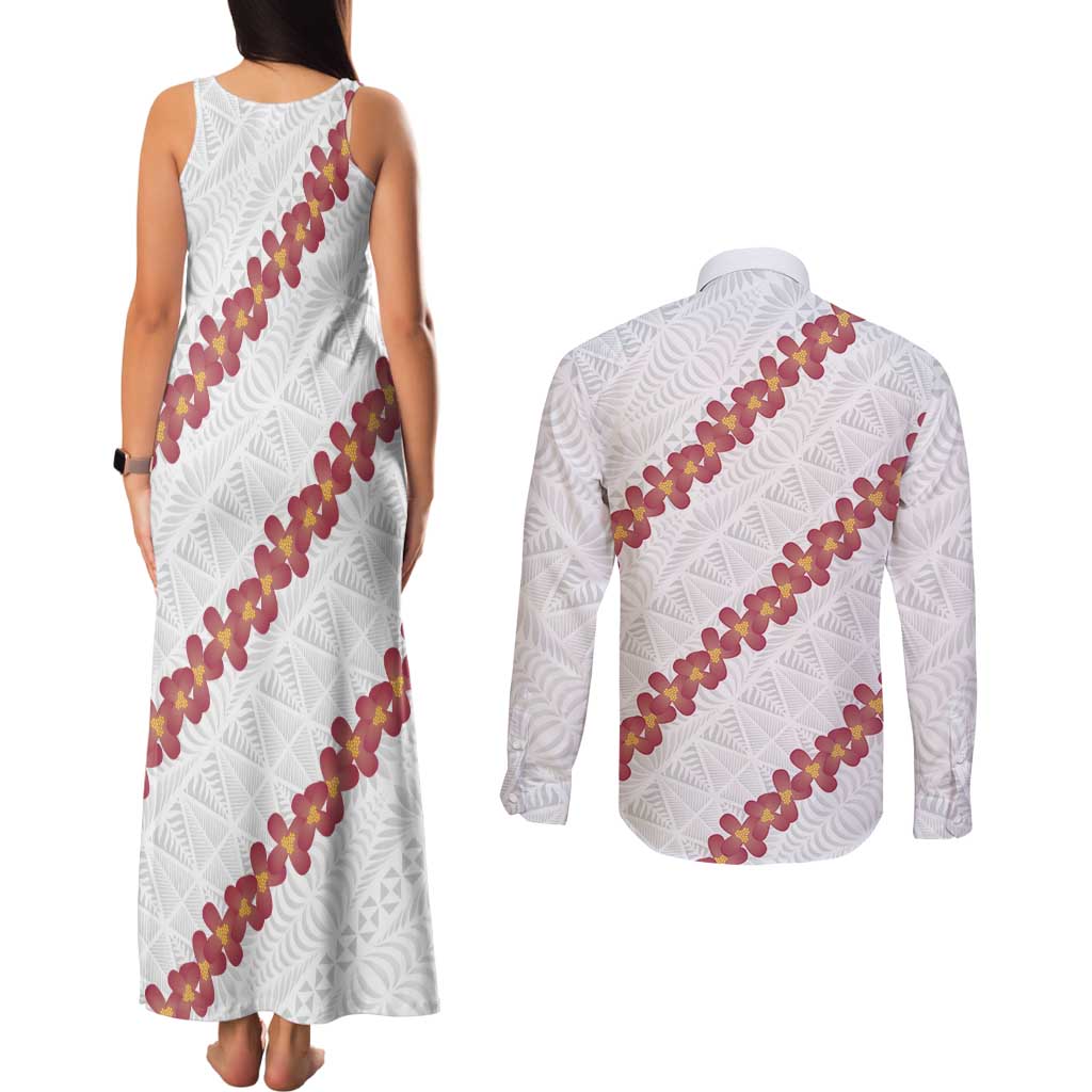White Sunday Tonga Fakame Couples Matching Tank Maxi Dress and Long Sleeve Button Shirt Tongan Ngatu Heilala Lei LT14 - Polynesian Pride