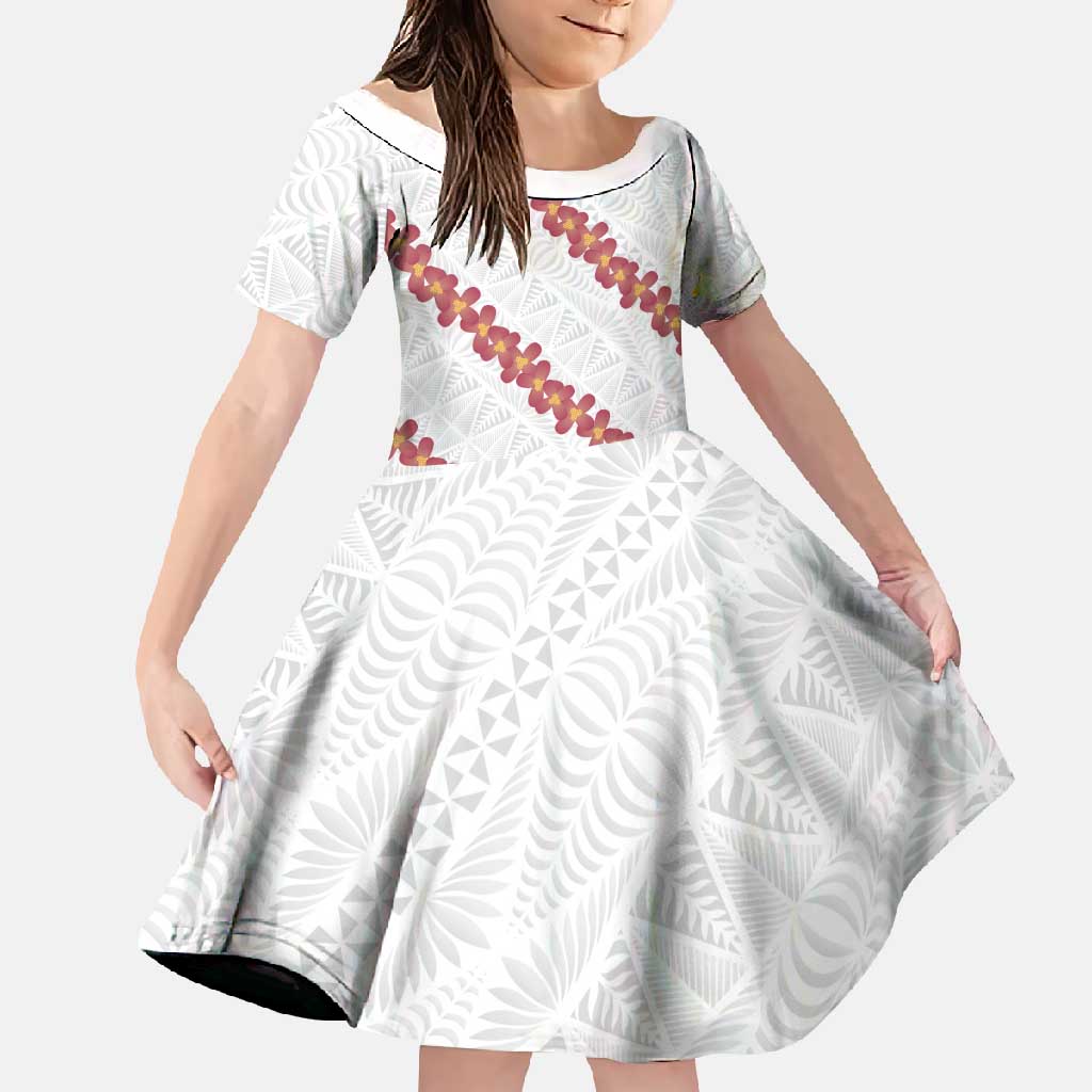 White Sunday Tonga Fakame Family Matching Long Sleeve Bodycon Dress and Hawaiian Shirt Tongan Ngatu Heilala Lei LT14 Daughter's Dress White - Polynesian Pride
