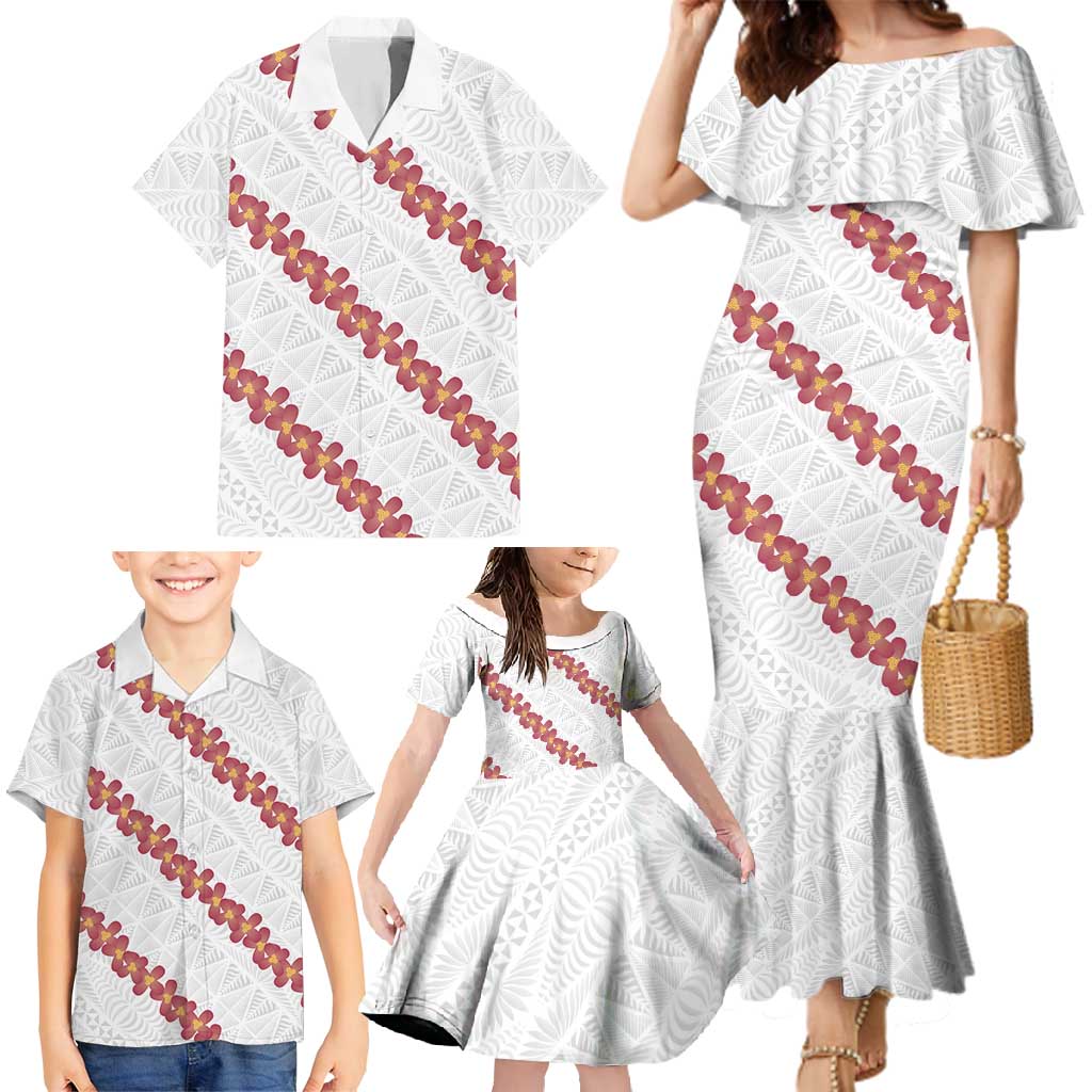 White Sunday Tonga Fakame Family Matching Mermaid Dress and Hawaiian Shirt Tongan Ngatu Heilala Lei LT14 - Polynesian Pride