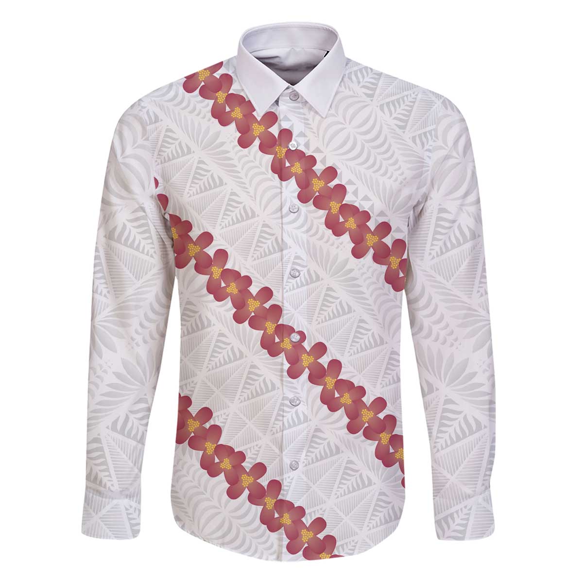 White Sunday Tonga Fakame Family Matching Off The Shoulder Long Sleeve Dress and Hawaiian Shirt Tongan Ngatu Heilala Lei LT14 Dad's Shirt - Long Sleeve White - Polynesian Pride