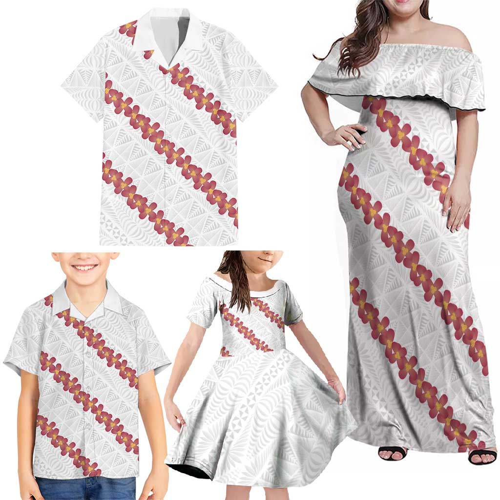 White Sunday Tonga Fakame Family Matching Off Shoulder Maxi Dress and Hawaiian Shirt Tongan Ngatu Heilala Lei LT14 - Polynesian Pride
