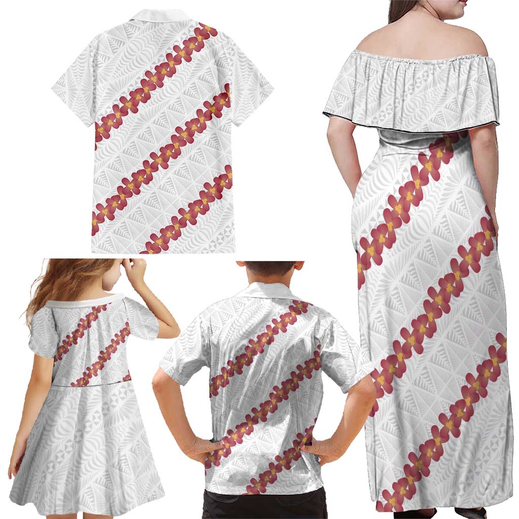 White Sunday Tonga Fakame Family Matching Off Shoulder Maxi Dress and Hawaiian Shirt Tongan Ngatu Heilala Lei LT14 - Polynesian Pride