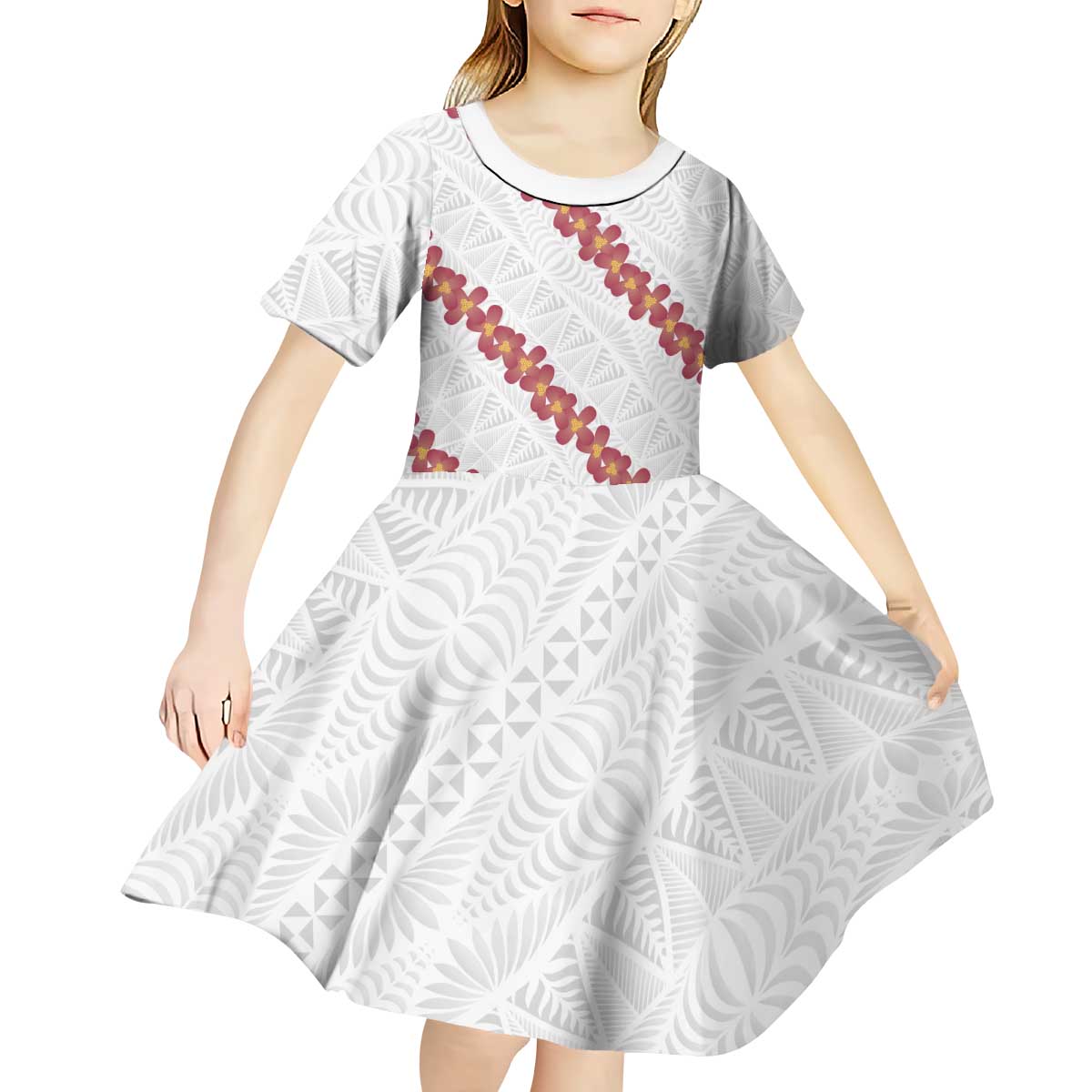 White Sunday Tonga Fakame Kid Short Sleeve Dress Tongan Ngatu Heilala Lei LT14 - Polynesian Pride