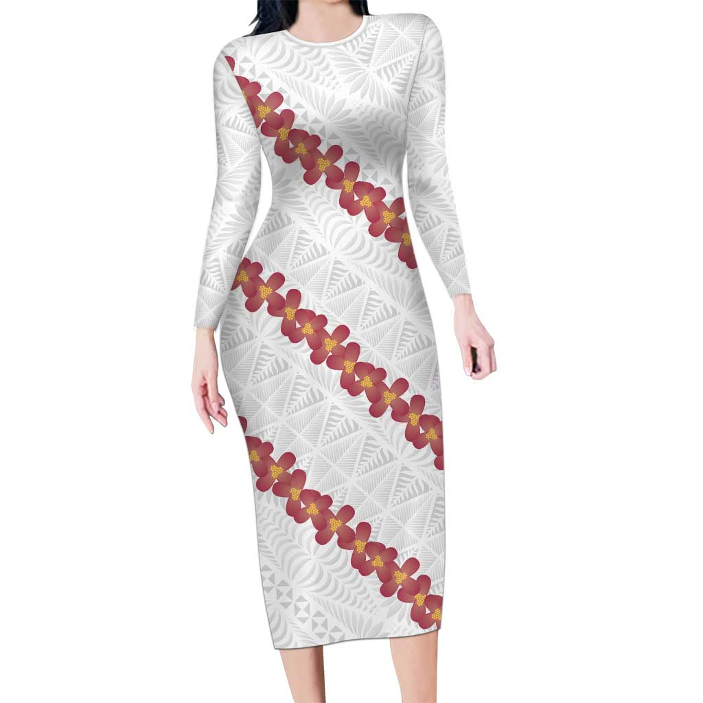 White Sunday Tonga Fakame Long Sleeve Bodycon Dress Tongan Ngatu Heilala Lei LT14 Long Dress White - Polynesian Pride