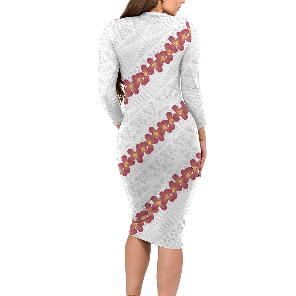White Sunday Tonga Fakame Long Sleeve Bodycon Dress Tongan Ngatu Heilala Lei LT14 - Polynesian Pride