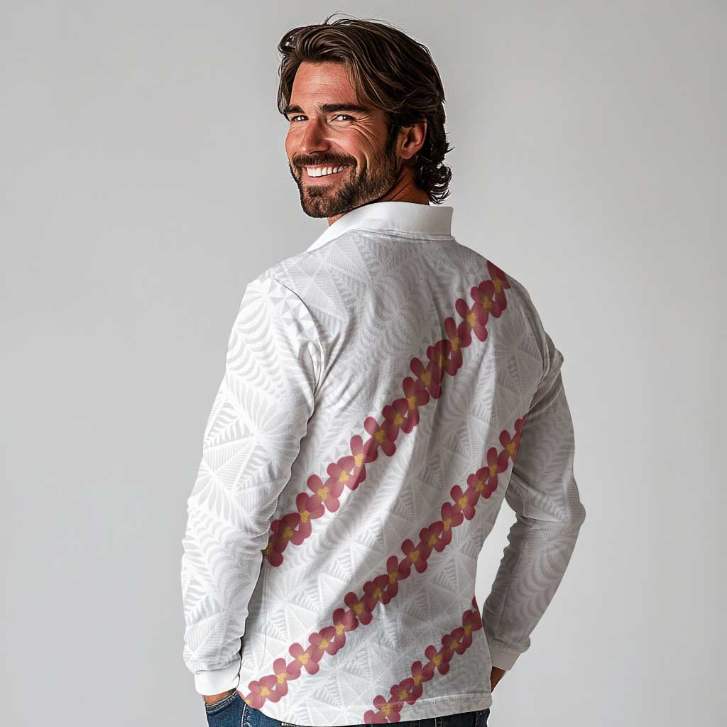 White Sunday Tonga Fakame Long Sleeve Polo Shirt Tongan Ngatu Heilala Lei LT14 - Polynesian Pride