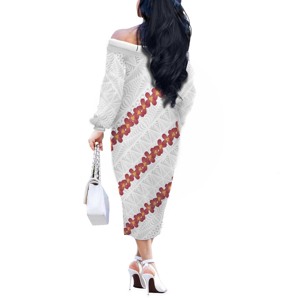 White Sunday Tonga Fakame Off The Shoulder Long Sleeve Dress Tongan Ngatu Heilala Lei LT14 - Polynesian Pride