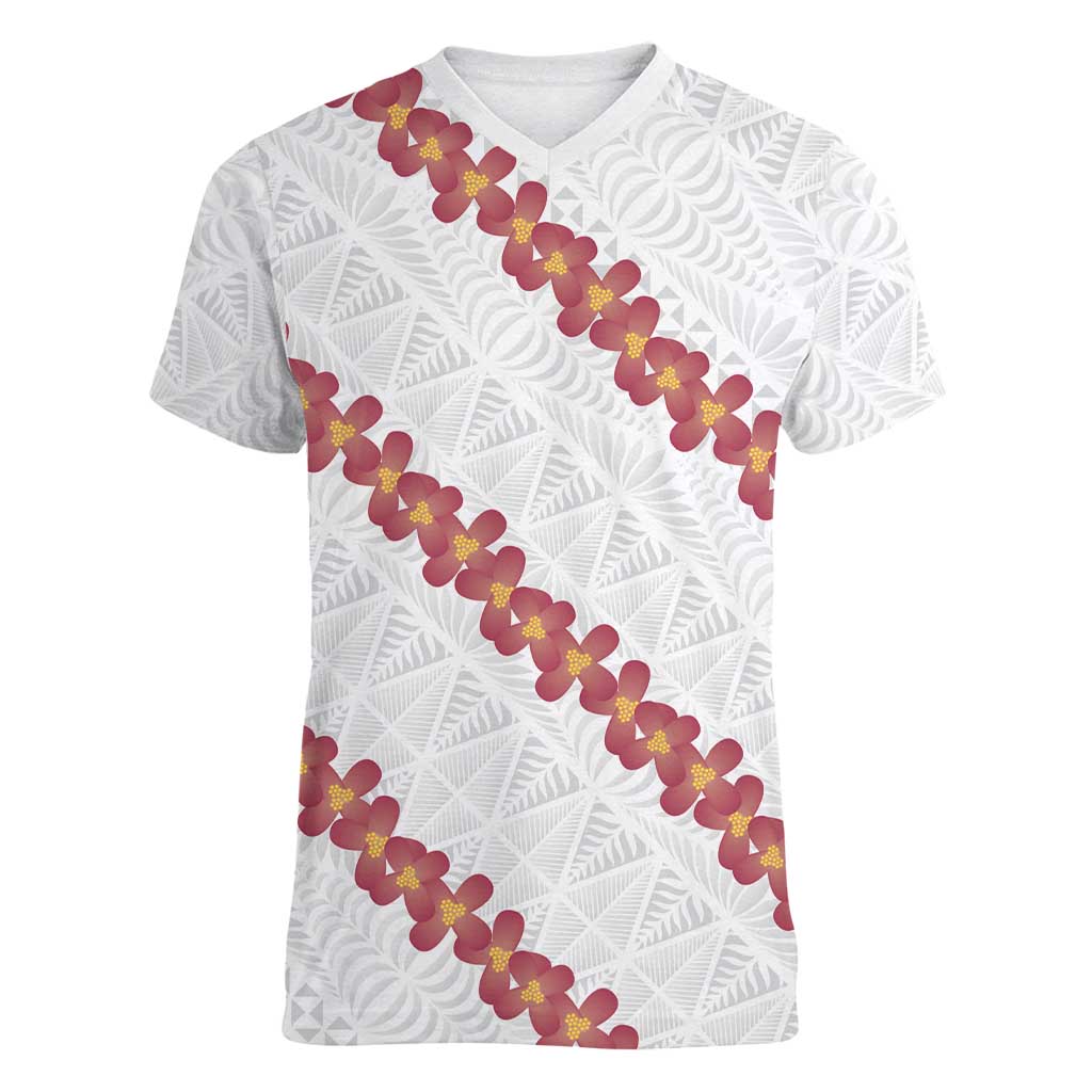 White Sunday Tonga Fakame Women V-Neck T-Shirt Tongan Ngatu Heilala Lei LT14 Female White - Polynesian Pride