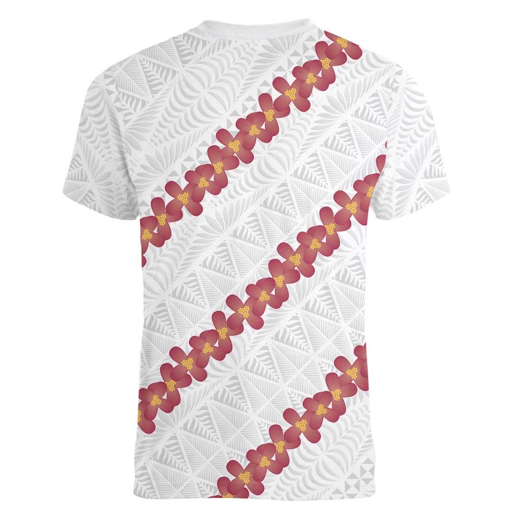 White Sunday Tonga Fakame Women V-Neck T-Shirt Tongan Ngatu Heilala Lei LT14 - Polynesian Pride