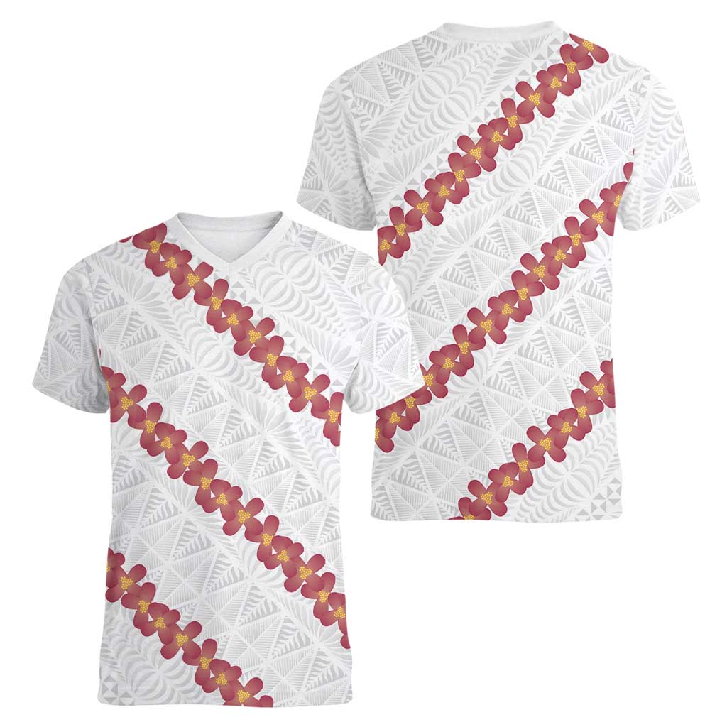 White Sunday Tonga Fakame Women V-Neck T-Shirt Tongan Ngatu Heilala Lei LT14 - Polynesian Pride