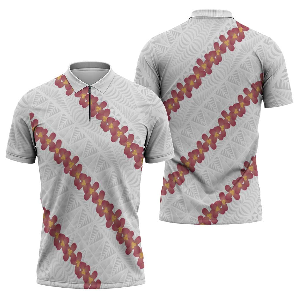 White Sunday Tonga Fakame Zipper Polo Shirt Tongan Ngatu Heilala Lei LT14 - Polynesian Pride