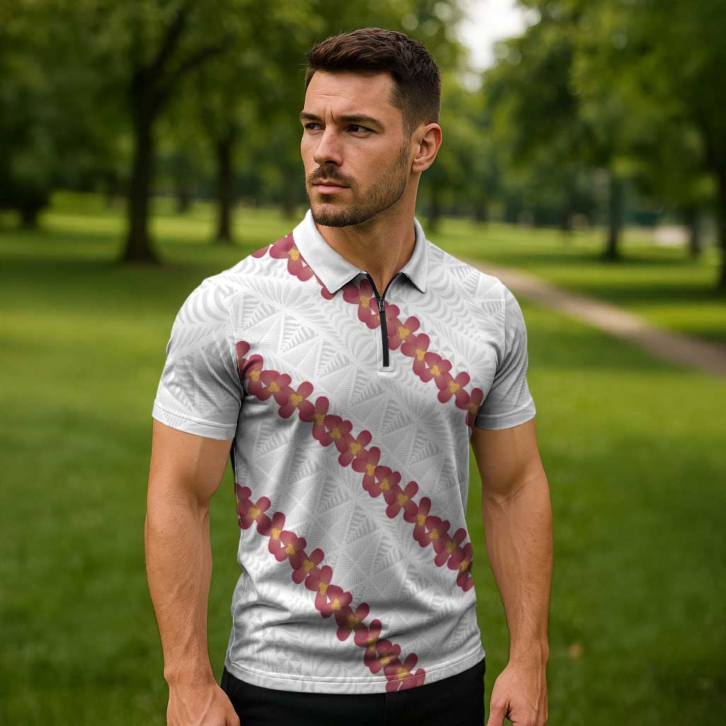 White Sunday Tonga Fakame Zipper Polo Shirt Tongan Ngatu Heilala Lei LT14 - Polynesian Pride