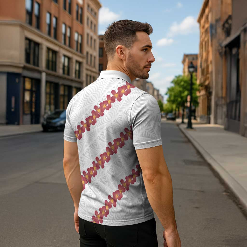 White Sunday Tonga Fakame Zipper Polo Shirt Tongan Ngatu Heilala Lei LT14 - Polynesian Pride