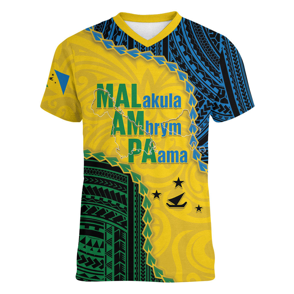 Personalised Malampa Province Vanuatu Women V-Neck T-Shirt Map With Polynesian Pattern LT14 Female Multicolor - Polynesian Pride