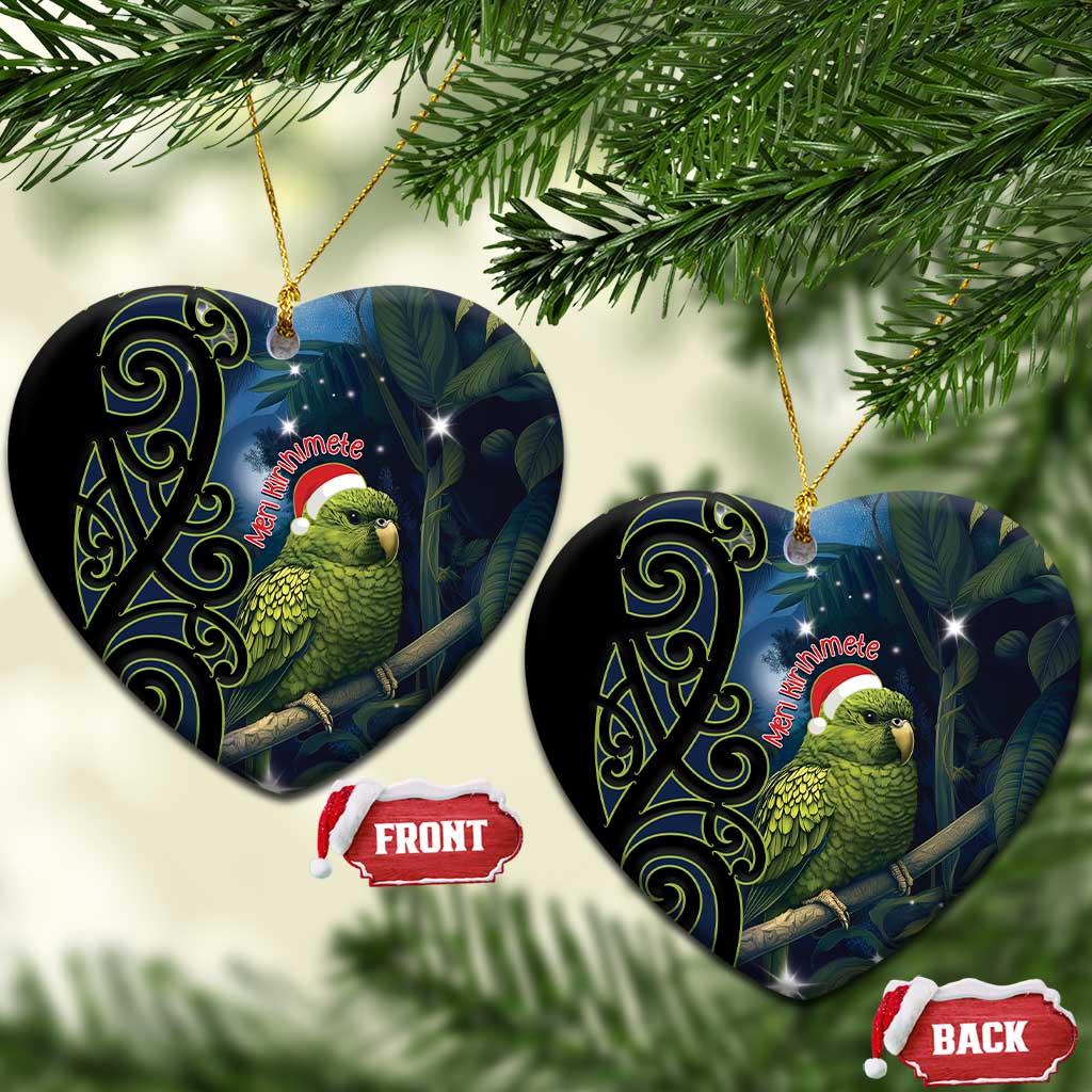 New Zealand Christmas Ceramic Ornament Cute Kakapo Meri Kirihimete Maori Koru LT14 Heart Blue - Polynesian Pride