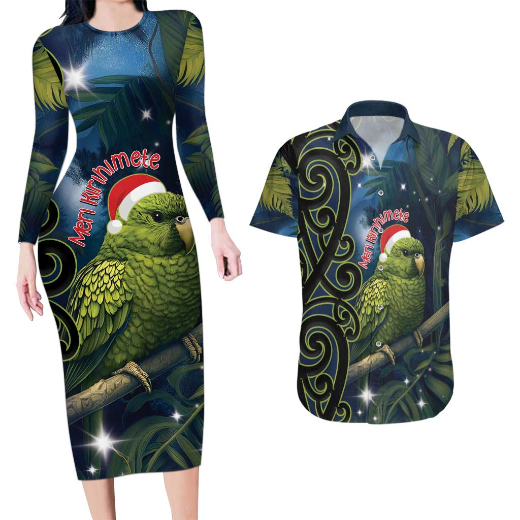 New Zealand Christmas Couples Matching Long Sleeve Bodycon Dress and Hawaiian Shirt Cute Kakapo Meri Kirihimete Maori Koru LT14 Blue - Polynesian Pride