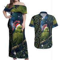 New Zealand Christmas Couples Matching Off Shoulder Maxi Dress and Hawaiian Shirt Cute Kakapo Meri Kirihimete Maori Koru LT14 Blue - Polynesian Pride