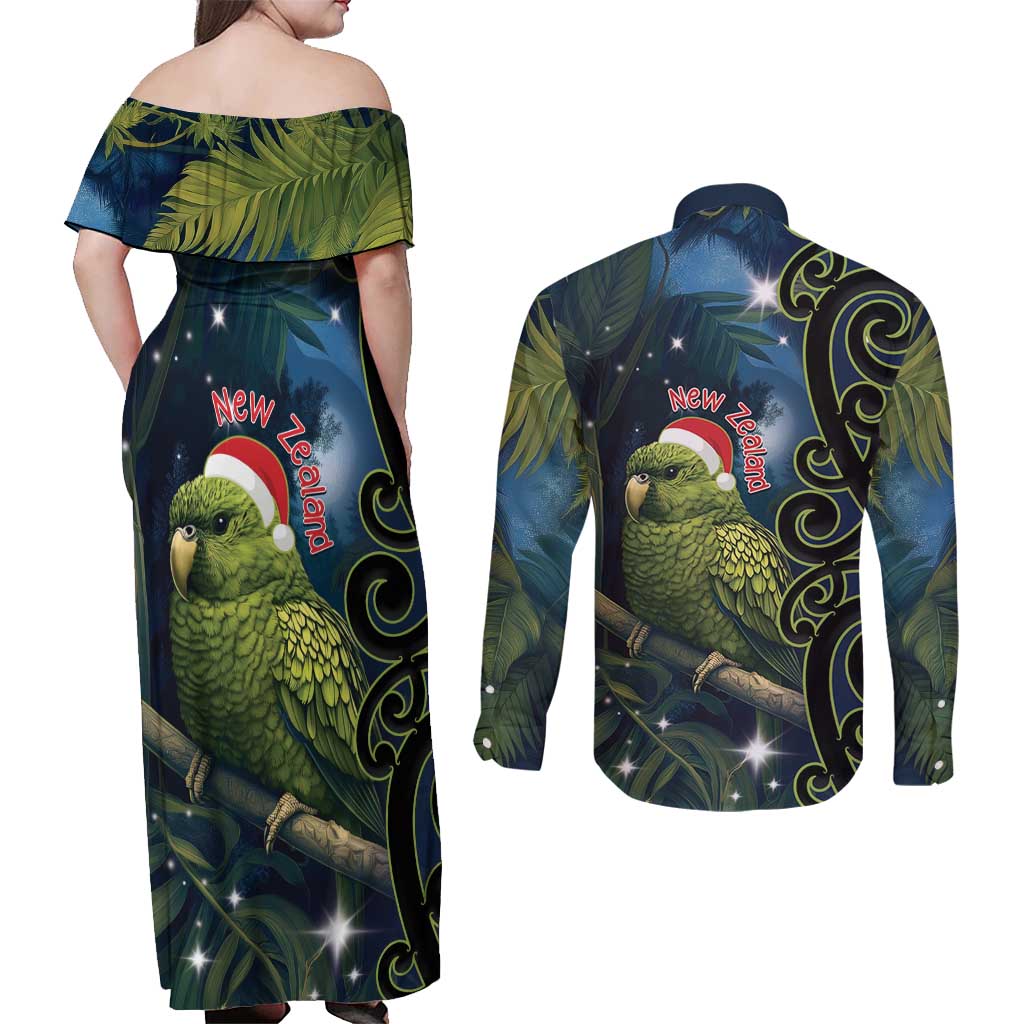 New Zealand Christmas Couples Matching Off Shoulder Maxi Dress and Long Sleeve Button Shirt Cute Kakapo Meri Kirihimete Maori Koru LT14 - Polynesian Pride