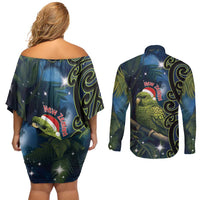 New Zealand Christmas Couples Matching Off Shoulder Short Dress and Long Sleeve Button Shirt Cute Kakapo Meri Kirihimete Maori Koru LT14 - Polynesian Pride