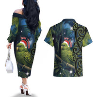 New Zealand Christmas Couples Matching Off The Shoulder Long Sleeve Dress and Hawaiian Shirt Cute Kakapo Meri Kirihimete Maori Koru LT14 - Polynesian Pride