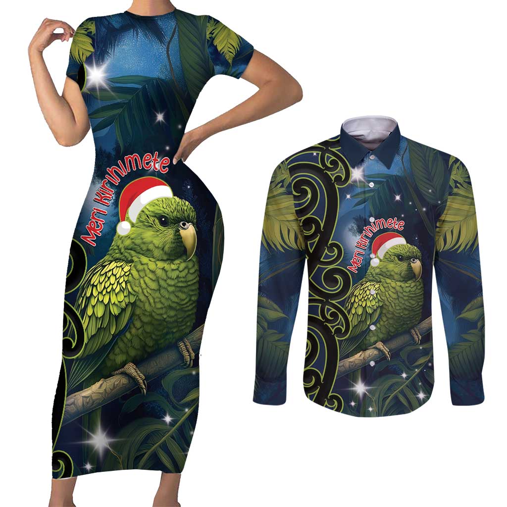New Zealand Christmas Couples Matching Short Sleeve Bodycon Dress and Long Sleeve Button Shirt Cute Kakapo Meri Kirihimete Maori Koru LT14 Blue - Polynesian Pride