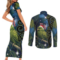 New Zealand Christmas Couples Matching Short Sleeve Bodycon Dress and Long Sleeve Button Shirt Cute Kakapo Meri Kirihimete Maori Koru LT14 - Polynesian Pride