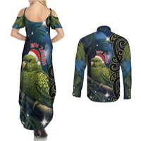 New Zealand Christmas Couples Matching Summer Maxi Dress and Long Sleeve Button Shirt Cute Kakapo Meri Kirihimete Maori Koru LT14 - Polynesian Pride