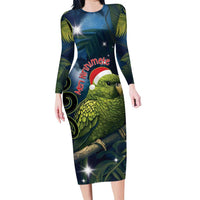 New Zealand Christmas Family Matching Long Sleeve Bodycon Dress and Hawaiian Shirt Cute Kakapo Meri Kirihimete Maori Koru LT14 Mom's Dress Blue - Polynesian Pride