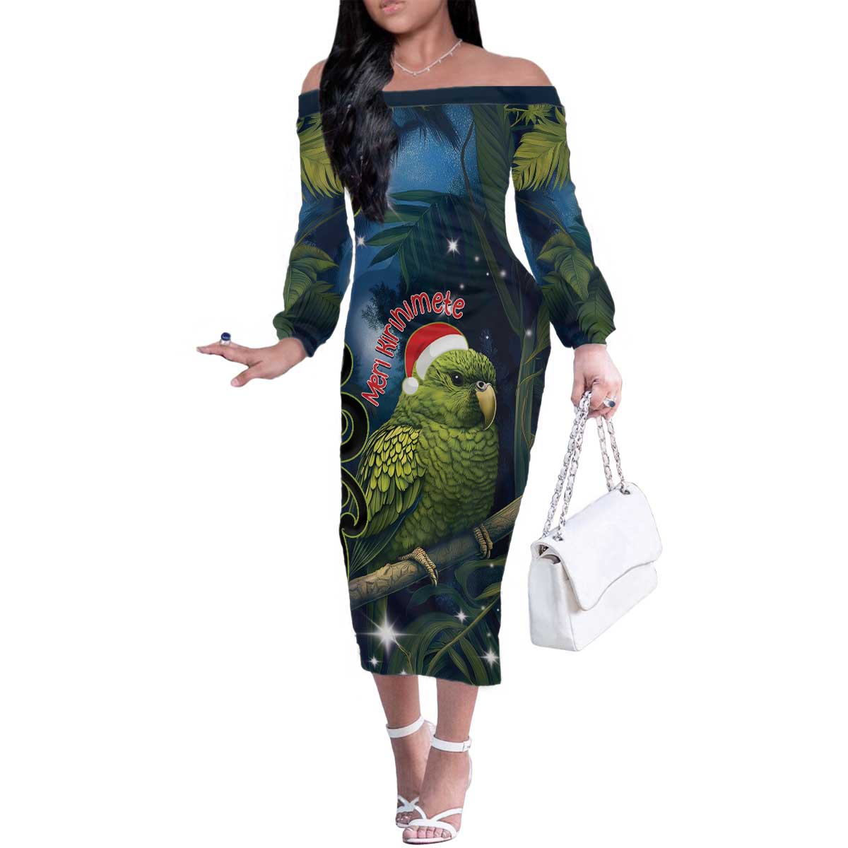 New Zealand Christmas Family Matching Off The Shoulder Long Sleeve Dress and Hawaiian Shirt Cute Kakapo Meri Kirihimete Maori Koru LT14 Mom's Dress Blue - Polynesian Pride