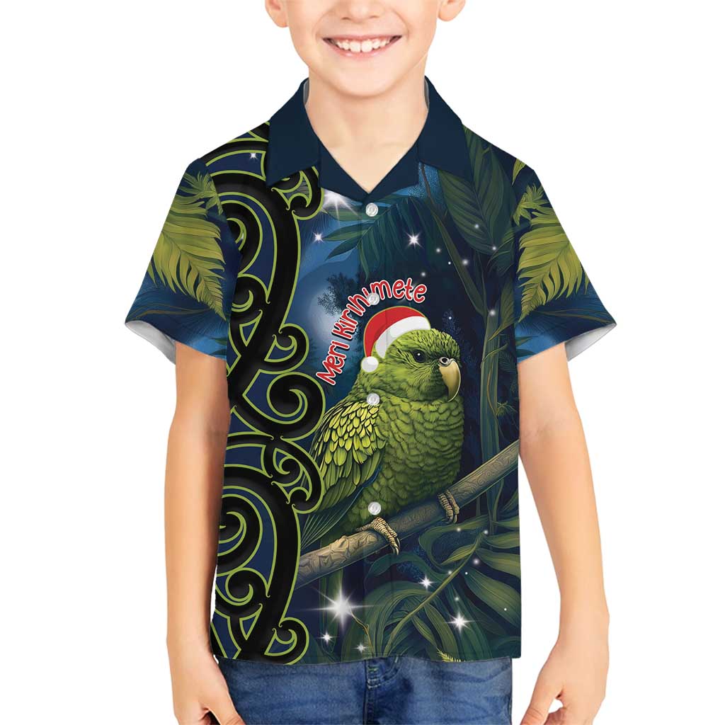 New Zealand Christmas Family Matching Off Shoulder Maxi Dress and Hawaiian Shirt Cute Kakapo Meri Kirihimete Maori Koru LT14 Son's Shirt Blue - Polynesian Pride