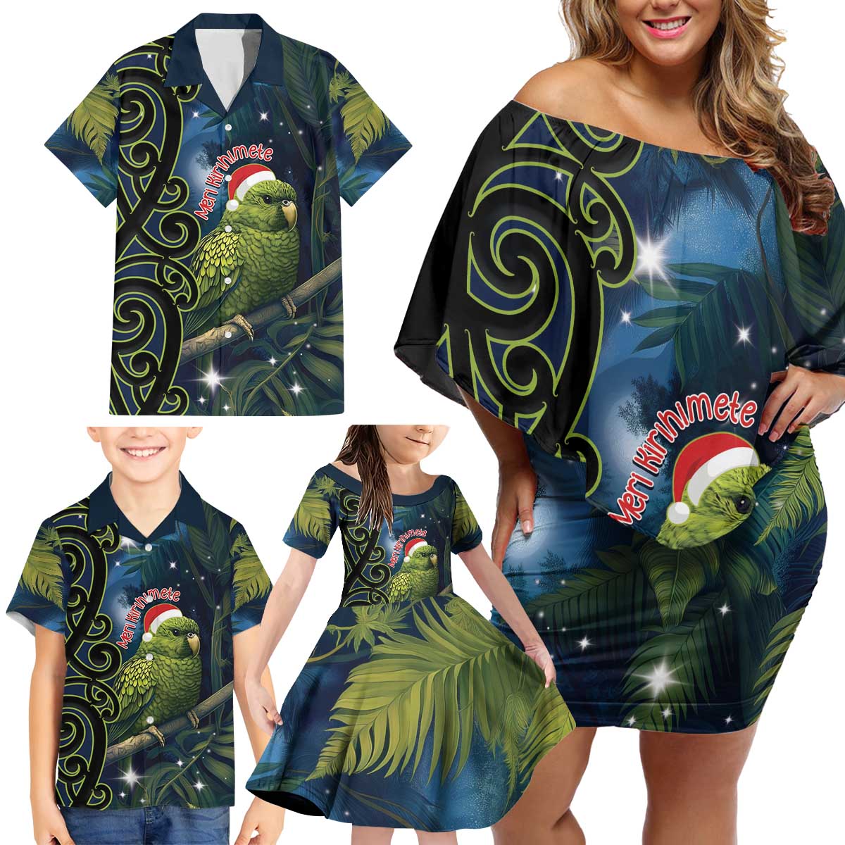 New Zealand Christmas Family Matching Off Shoulder Short Dress and Hawaiian Shirt Cute Kakapo Meri Kirihimete Maori Koru LT14 - Polynesian Pride