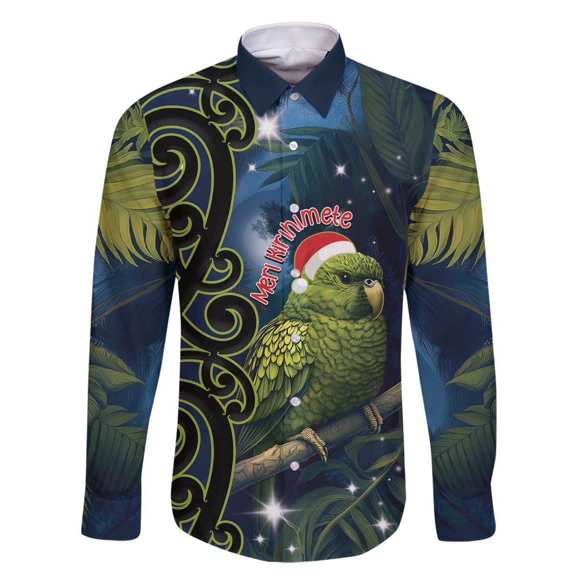 New Zealand Christmas Family Matching Off Shoulder Short Dress and Hawaiian Shirt Cute Kakapo Meri Kirihimete Maori Koru LT14 Dad's Shirt - Long Sleeve Blue - Polynesian Pride