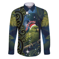 New Zealand Christmas Family Matching Off Shoulder Short Dress and Hawaiian Shirt Cute Kakapo Meri Kirihimete Maori Koru LT14 Dad's Shirt - Long Sleeve Blue - Polynesian Pride