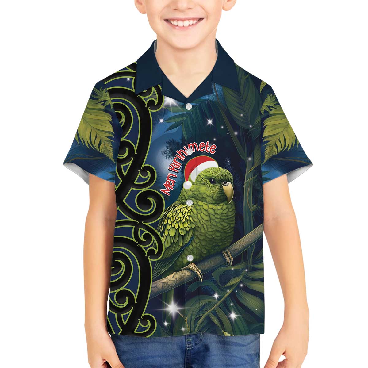New Zealand Christmas Family Matching Off Shoulder Short Dress and Hawaiian Shirt Cute Kakapo Meri Kirihimete Maori Koru LT14 Son's Shirt Blue - Polynesian Pride