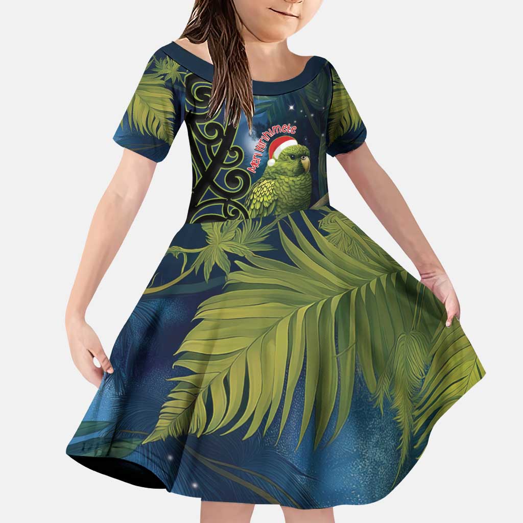 New Zealand Christmas Family Matching Puletasi and Hawaiian Shirt Cute Kakapo Meri Kirihimete Maori Koru LT14 Daughter's Dress Blue - Polynesian Pride