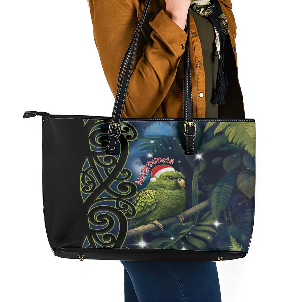 New Zealand Christmas Leather Tote Bag Cute Kakapo Meri Kirihimete Maori Koru LT14 - Polynesian Pride