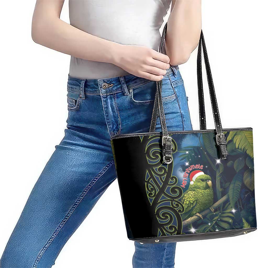 New Zealand Christmas Leather Tote Bag Cute Kakapo Meri Kirihimete Maori Koru LT14 - Polynesian Pride