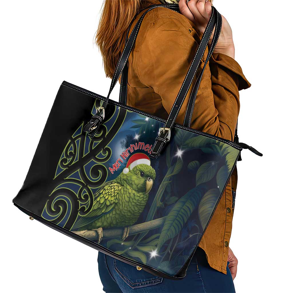 New Zealand Christmas Leather Tote Bag Cute Kakapo Meri Kirihimete Maori Koru LT14 - Polynesian Pride